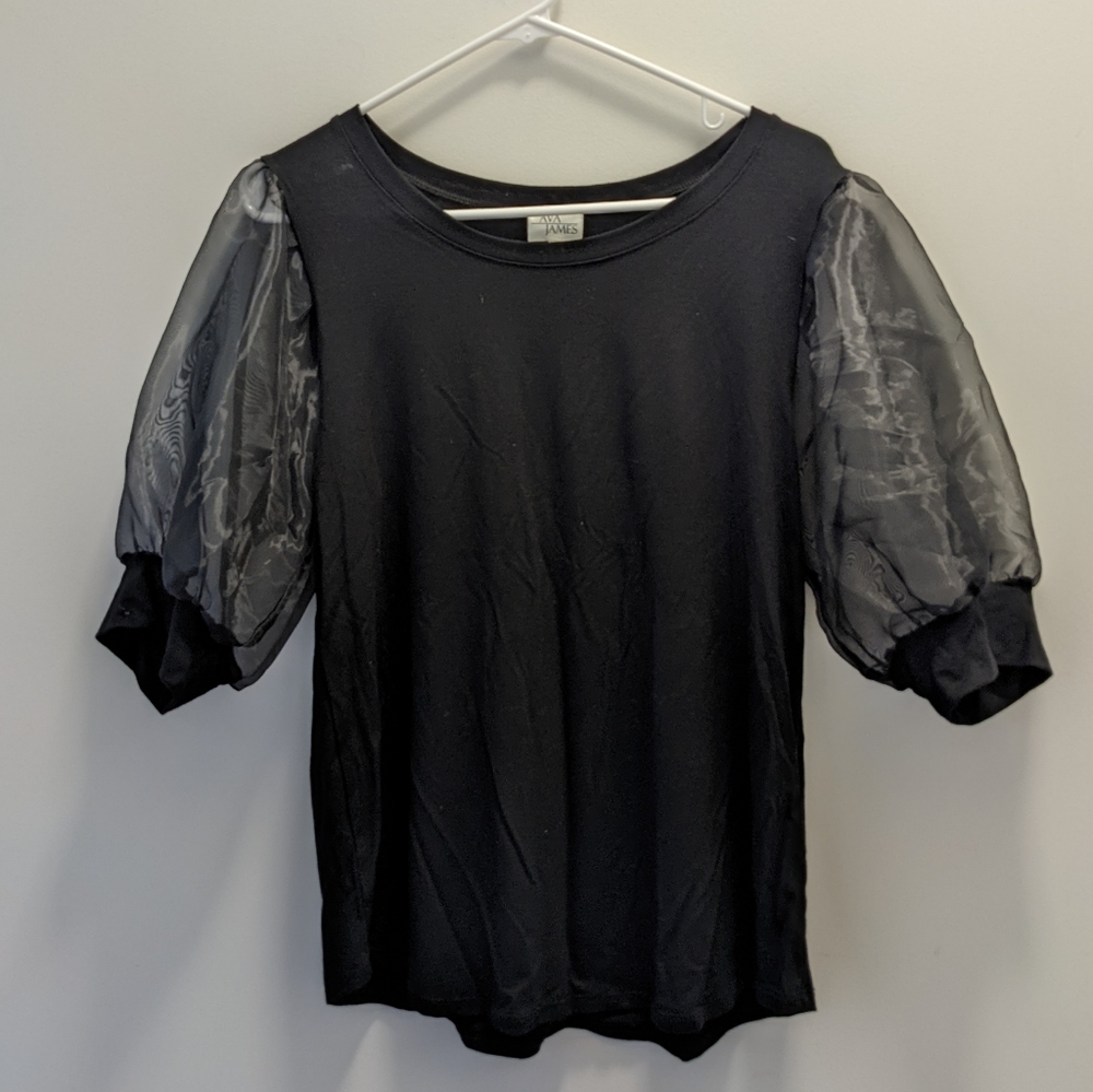5/$25 ❄️ Ava James Crew Neck Tee Sheer Puff Sleeves